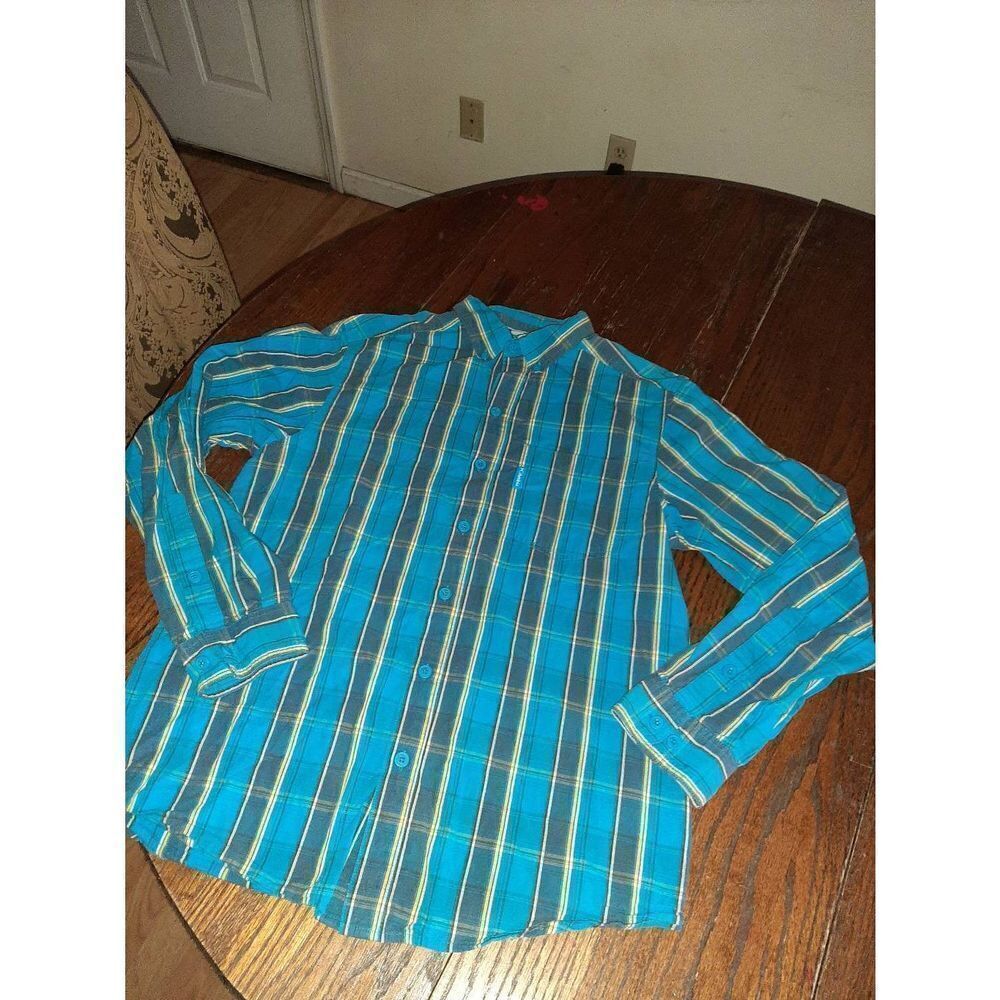 Mens Small Columbia Sportswear Blue Yellow Button Front Dress Shirt Long Sleeve